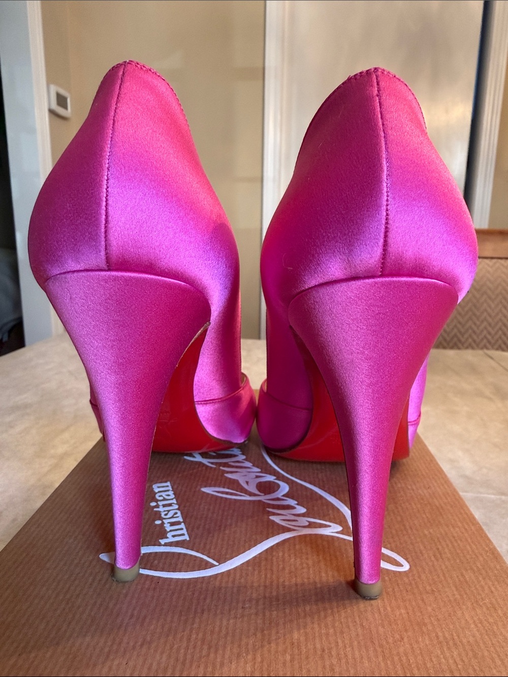 Christian Louboutin Fuchsia Satin Ruched Peep-Toe Pumps - Picture 3 of 8